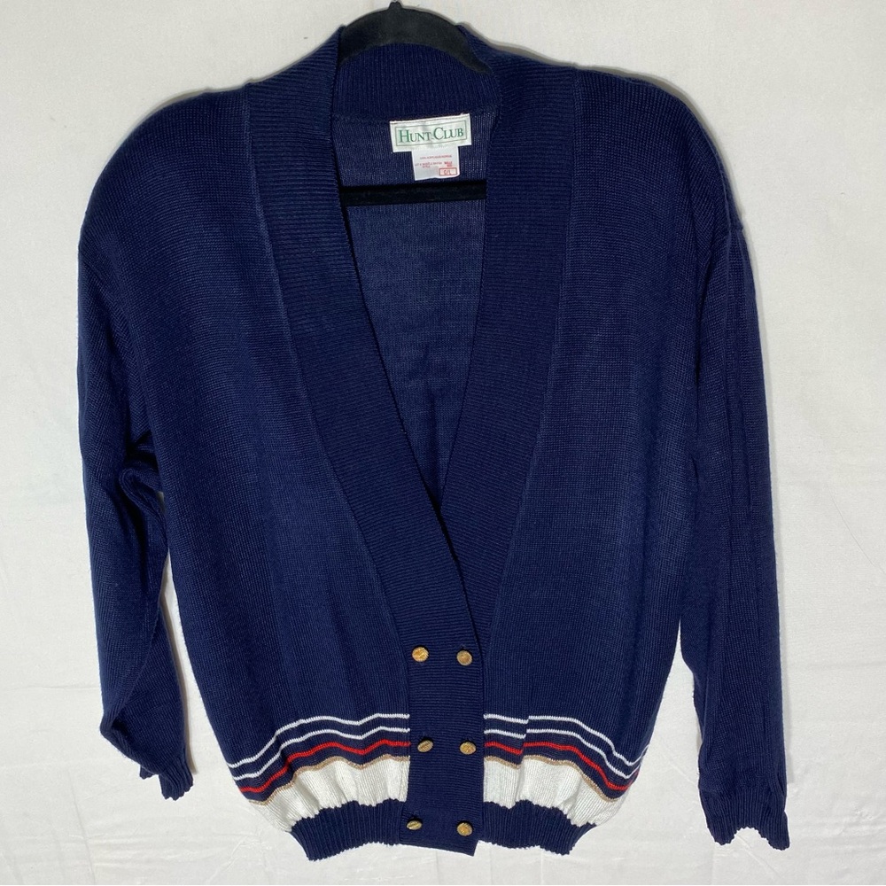 Vintage Hunt Club Navy Blue Deep V Front Cardigan with Red and White Stripes L